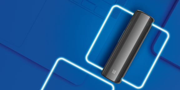 Stone Grey lil SOLID 2.0 device flat on a blue background with neon blue squares 