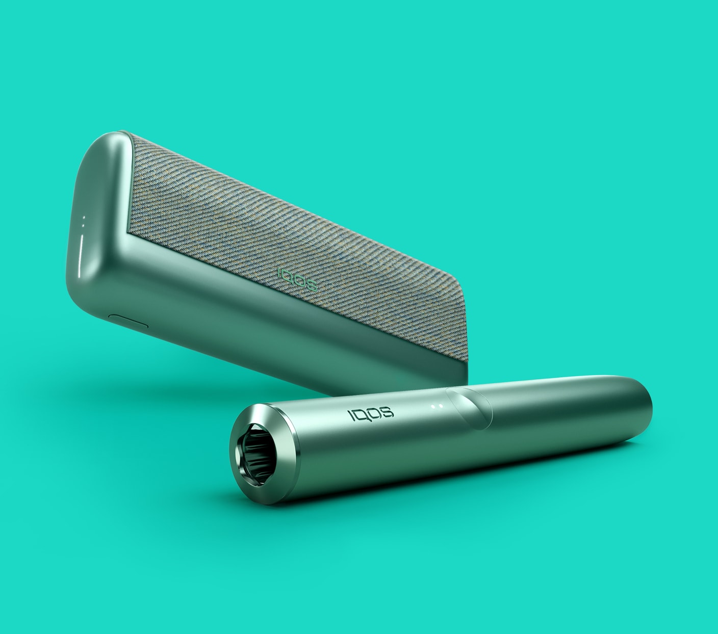 A Jade Green IQOS ILUMA PRIME Holder and Pocket Charger.