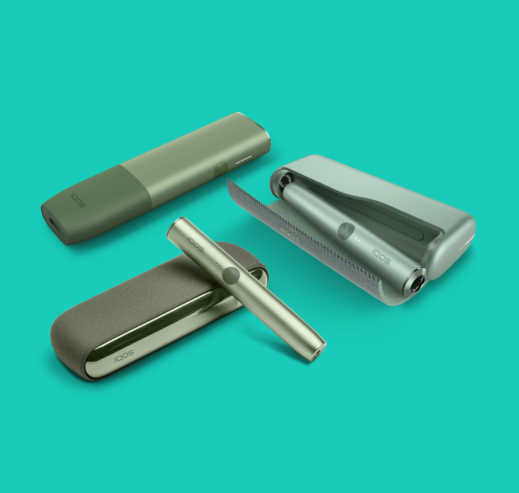 3 different IQOS ILUMA devices on turquoise background.