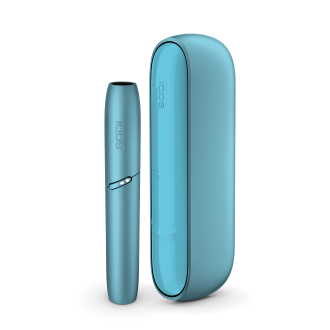 IQOS Originals Duo heated tobacco device (holder and pocket charger) in turquoise color.