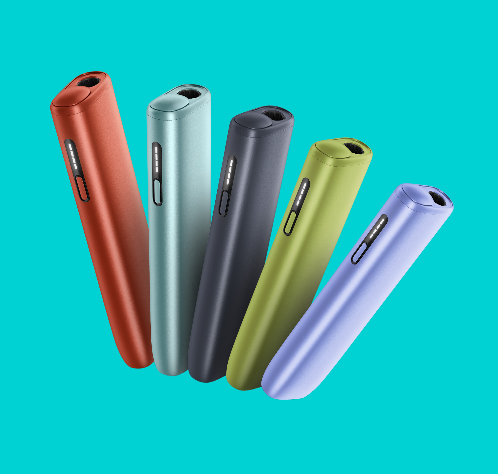 IQOS ILUMA i ONE devices in 5 colors on a turquoise background