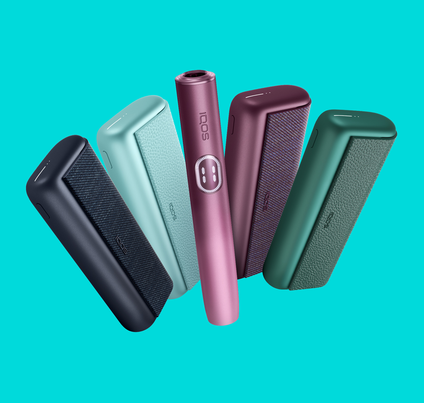 IQOS ILUMA i PRIME devices in 4 colors on a turquoise background
