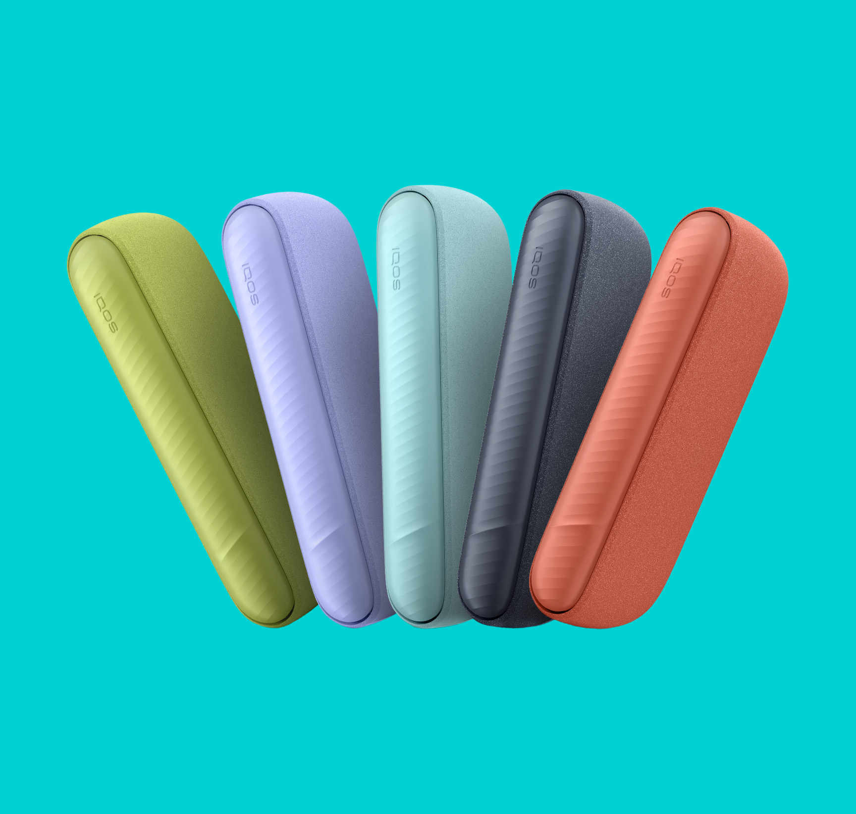 IQOS ILUMA i devices in 5 colors on a turquoise background