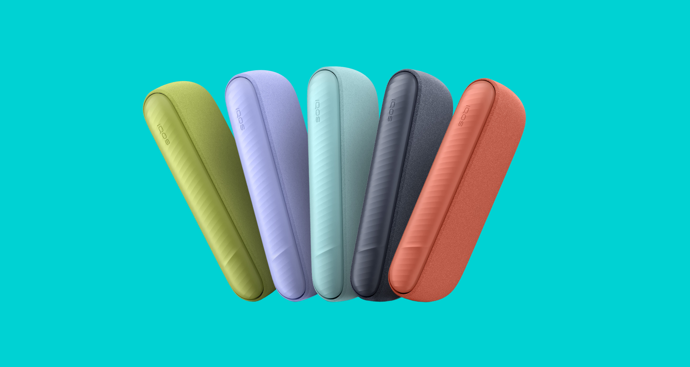 IQOS ILUMA i devices in 5 colors on a turquoise background
