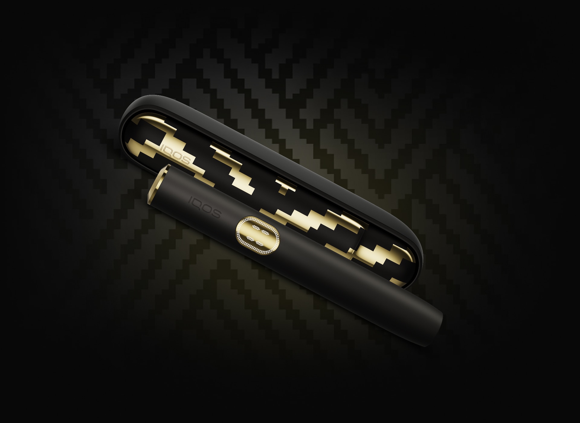 IQOS ILUMA i x Seletti Limited Edition device and its charger on a black zig-zag pattern background