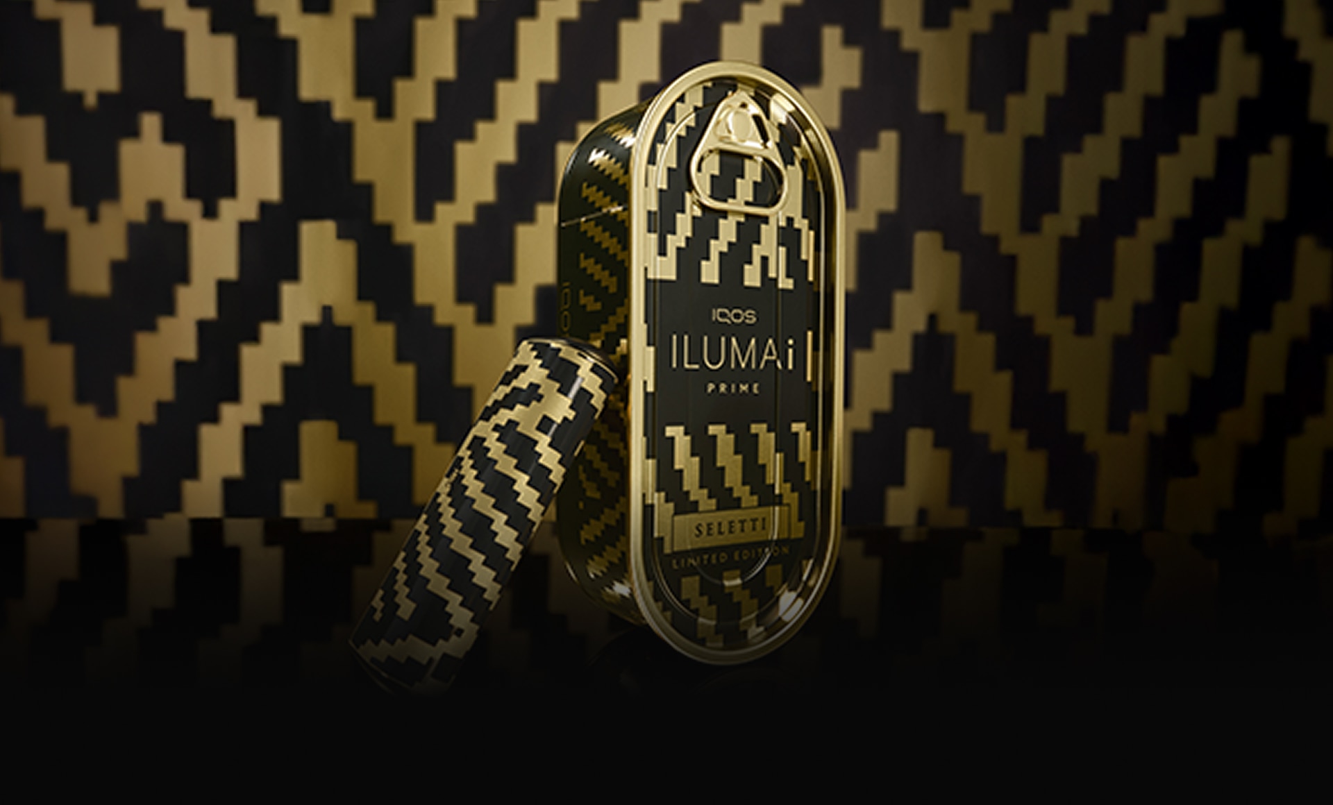 IQOS ILUMA i PRIME x Seletti Limited Edition device next to its packaging shaped like a tin can