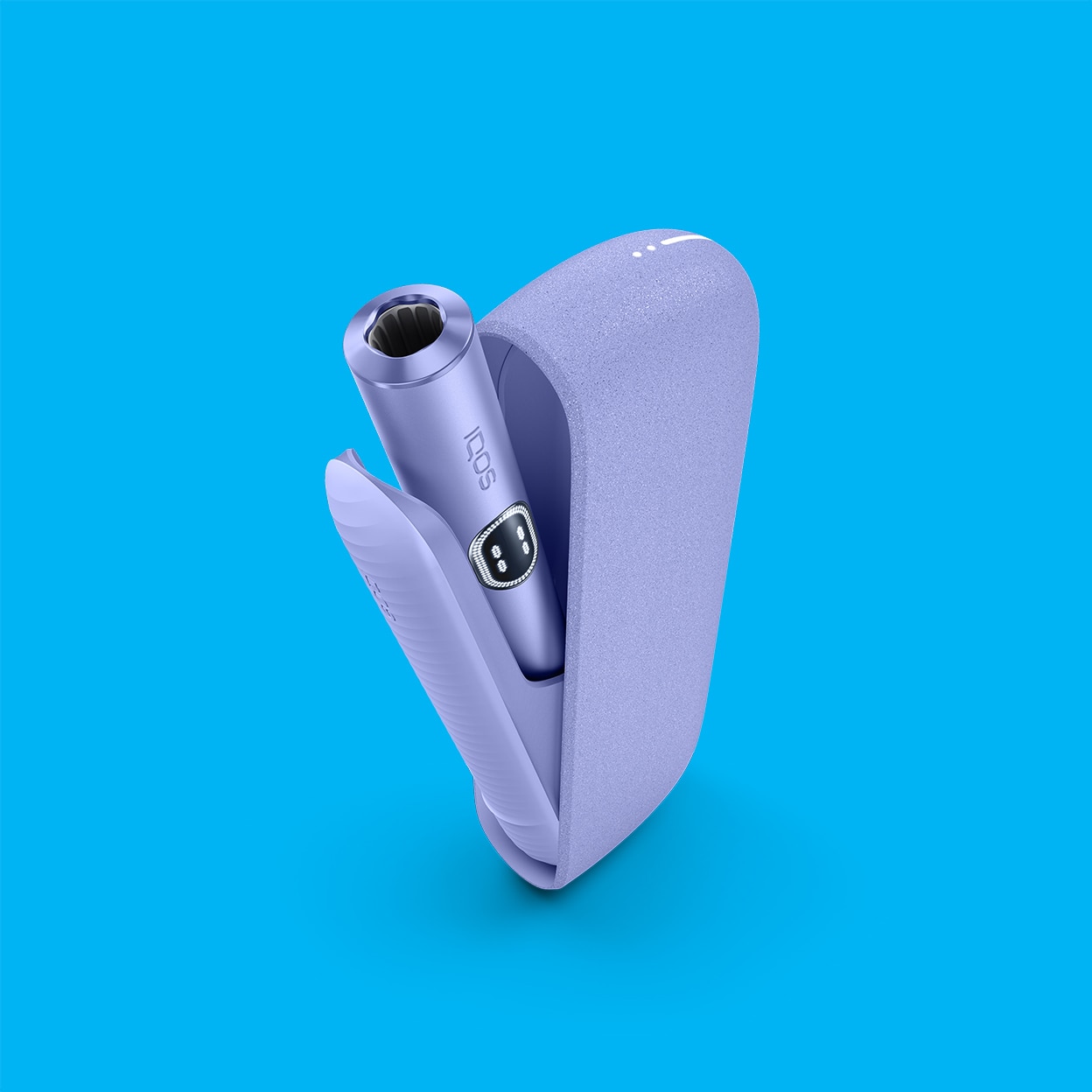 Purple IQOS ILUMA i device in its charger, on a blue background