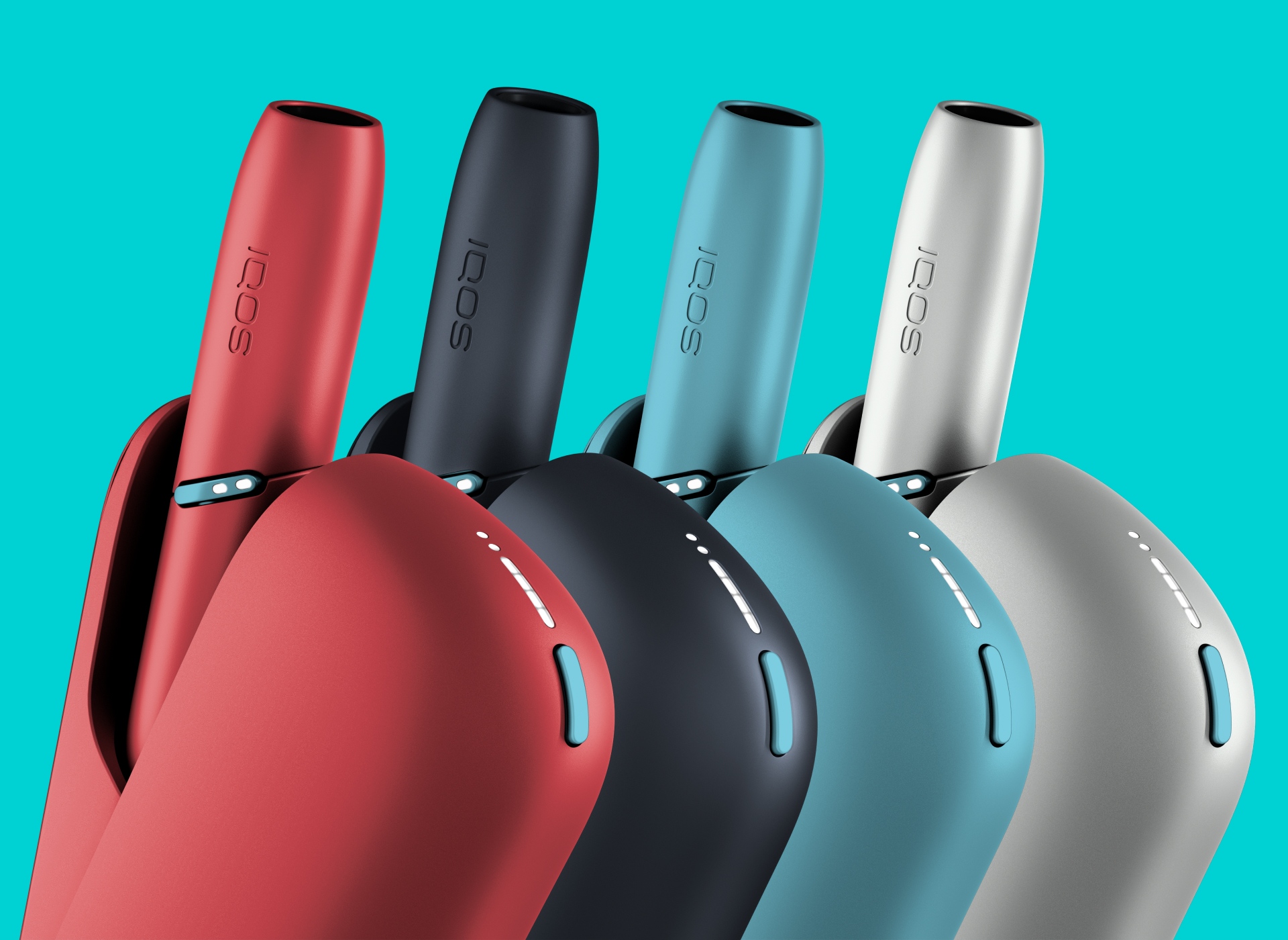 IQOS Originals Duo heated tobacco device in 4 vibrant colors: red, black, turquoise and silver.